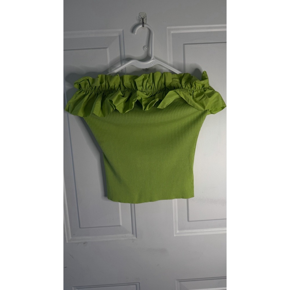 Skies Are Blue Green Sleeveless Off-the-Shoulder Ruffle Knit Crop Top